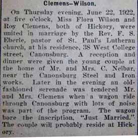 Marriage Notice for Roy CLEMENS to Flora Wilson, 22 Jun 1922
