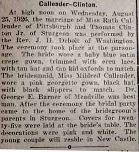 Marriage Notice for Thomas CLINTON, Jr. to Ruth Callender, 25 Aug 1926