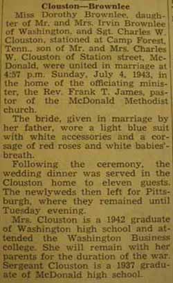 Marriage Notice for Charles W. CLOUSTON to Dorothy Brownlee, 4 Jul 1943