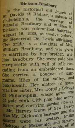 Marriage Notice for William R. DICKSON to Blanche Bradbury, 19 Aug 1939
