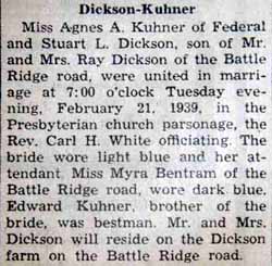 Marriage Notice for Stuart L. DICKSON to Agnes A. Kuhner, 21 Feb 1939