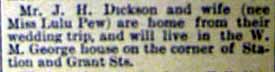 Marriage Notice for John H. DICKSON to Lulu Pew, 10 Sep 1896