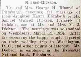 Marriage Notice for Samuel Warren DICKSON to Hanna Elizabeth Rimmel, 12 Mar 1924