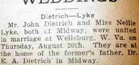 Marriage Notice for John DIETRICH to Nellie Lyke, 20 Aug 1925
