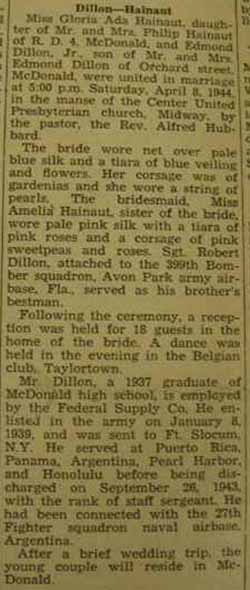 Marriage Notice for Edmond DILLON, Jr. to Gloria Ada Hainaut, 8 Apr 1944