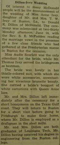 Marriage Notice for Donald K. DILLON to Anne Ivey, 14 Jun 1937