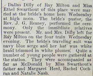 Marriage Notice:  Dallas DILLY to Miss Ethel SWARTHOUT, Wednesday, no date 1911