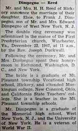 Marriage Notice for Frank J. DIMPEGNO to Elsie Reed, 22 Dec 1947
