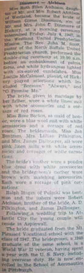 Marriage Notice for William Glenn DINSMORE to Ruth Ellen Atchison, 4 Jul 1947