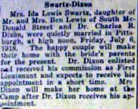 Marriage Notice for Charles R. DIXON to Mrs. Ida Lewis Swartz, 6 Jul 1918