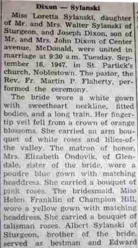 Part 1 Marriage Notice for Joseph DIXON to Loretta Sylanski, 16 Sep 1947