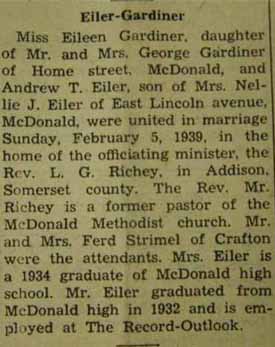 Marriage Notice for Andrew T. EILER to Eileen Gardiner, 5 Feb 1939
