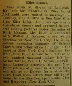 Marriage Notice for 
Frederic G. EILER to Ruth N. Straus, 3 Jul 1928