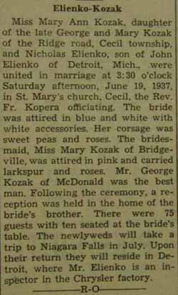 Marriage notice for 
Nicholas ELIENKO to Mary Ann Kozak, 19 Jun 1937