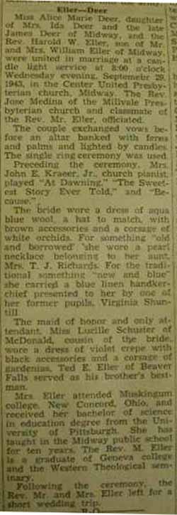 Marriage Notice for 
        Harold W. ELLER to Alice Marie Deer, 29 Sep 1943