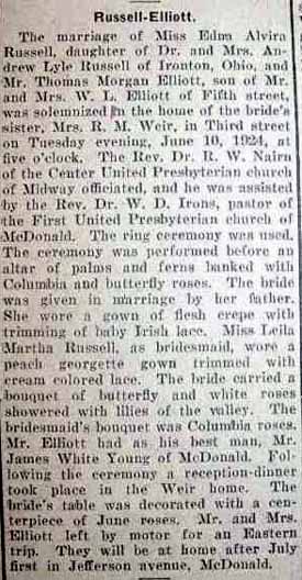 Marriage Notice for Thomas Morgan ELLIOTT to Edna Alvira Russell, 10 Jun 1923