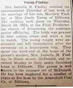 Marriage Notice for Matthew FINDLAY to Jessie Young, 20 Mar 1924