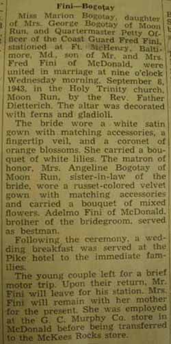 Marriage Notice for Fred FINI to Marion Bogotay, 8 Sep 1943