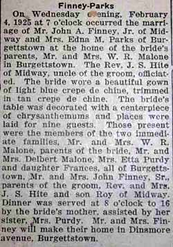 Marriage Notice for John A. FINNEY, Jr. to Mrs. Edna M. Parks, 4 Feb 1925