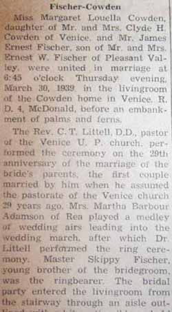 Part 1 Marriage Notice for James Ernest FISCHER to Margaret Louella Cowden, 30 Mar 1939