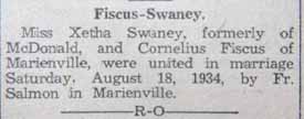Marriage Notice for Cornelius FISCUS to Xetha Swaney, 18 Aug 1934