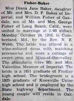 Marriage Notice for William FISHER to Diana Jane Baker, 24 Oct 1938