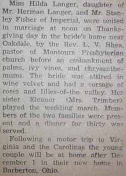 Marriagr Notice for  Stanley FISHER to Hilda Langer,  24 Nov 1938