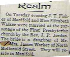 Marriage Notice #1 J. T. FISHER to Miss Elizabeth WALKER, Tues., no date, 1915