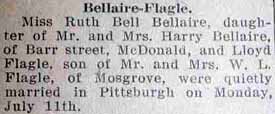 Marriage Notice for Lloyd FLAGLE to Ruth Bell Bellaire, 11 Jul 1927