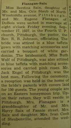 Marriage notice for 
        Eugene FLANAGAN to Berdina Saix, 17 Sep 1937