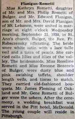 Marriage Notice for Edward FLANAGAN to Kathryn Rometti, 21 Sep 1938