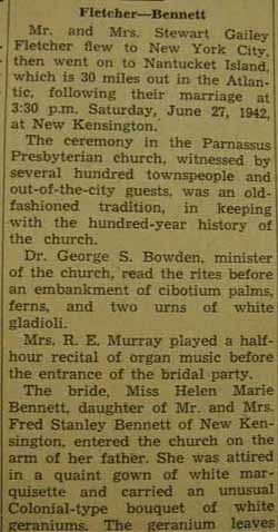 Part 1 Marriage Notice for Stewart Gailey FLETCHER to Helen Marie Bennett, 27 Jun 1942