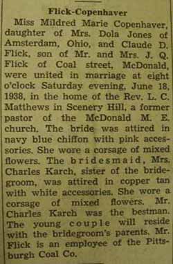 Marriage notice for 
Claude D. FLICK to Mildred Marie Copenhaver, 18 Jun 1938