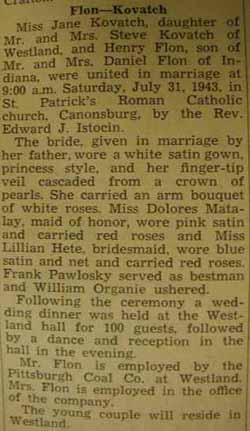 Marriage notice for 
        Henry FLON to Jane Kovatch, 31 Jul 1943