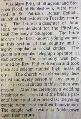 Marriage Notice for Stephen FLOOD to Mary Britt, no date, in 11-22-1902 paper