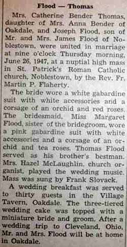Marriage Notice for Joseph FLOOD to Mrs. Catherine Bender Thomas, 26 Jun 1947