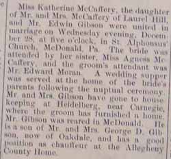 Marriage Notice for Edwin GIBSON to Katherine McCAFFERY, Weds, Dec. 28, 1911