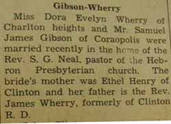 Marriage Notice for Samuel James GIBSON to Dora Evelyn Wherry, no date, in 10-27-1939 paper