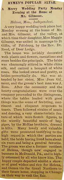 Marriage Notice for Minas D. GIFFIN to Maggie Gilmour, 12 Sep 1893