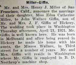 Article 1 Marriage Notice for John Wallace GIFFIN to Edna Catherine Miller, 21 Apr 1921