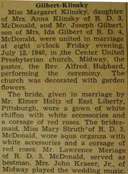 Part 1 Marriage Notice for Joseph GILBERT to Margaret Klinsky, 12 Jul 1940