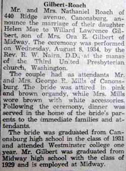 Marriage Notice for Willard Lawrence GILBERT to Helen Mae Roach, 8 Aug 1934