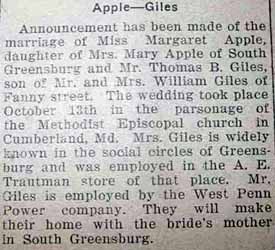 Marriage Notice for Thomas B. GILES to Margaret Apple, 13 Oct 1925