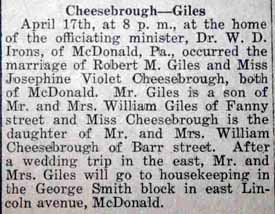 Article 1 Marriage Notice for Robert M. GILES to Josephine Violet Cheesebrough, 17 Apr 1922