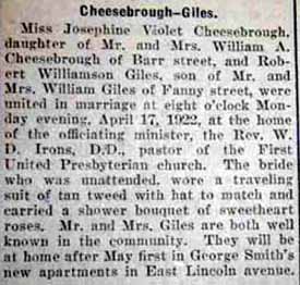Article 2 Marriage Notice for  Robert M. GILES to Josephine Violet Cheesebrough, 17 Apr 1922