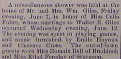 Shower held after marriage of  Walter E. GILES to Celia Fabre, 7 Jun 1912