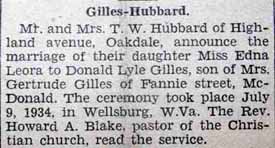 Marriage Notice for Donald Lyle GILLES to Edna Leora Hubbard, 9 Jul 1934