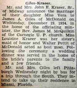 Marriage Notice for James A. GILES to Vera Kraeer, 19 Dec 1934