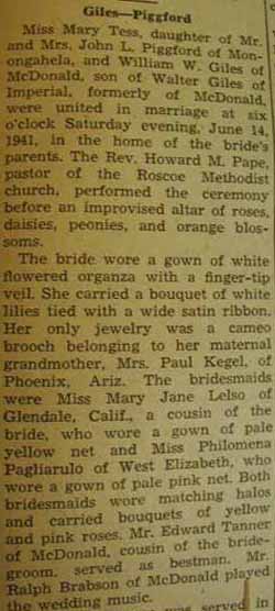 Part 1 Marriage Notice for William W. GILES to Mary Tess Piggford, 14 Jun 1941