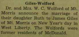 Marriage Notice for James GILES to Ruth Wolford, 1 Jan 1937